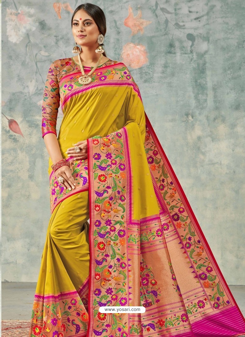 Corn Designer Party Wear Pure Handloom Silk Wedding Sari