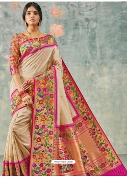 Light Beige Designer Party Wear Pure Handloom Silk Wedding Sari