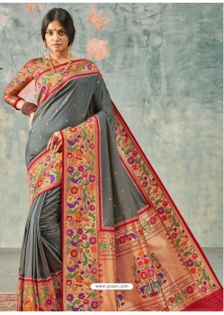 Grey Designer Party Wear Pure Handloom Silk Wedding Sari