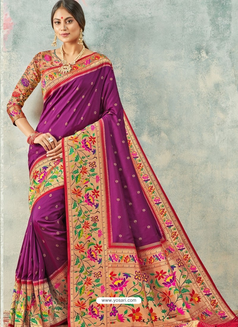 Purple Designer Party Wear Pure Handloom Silk Wedding Sari