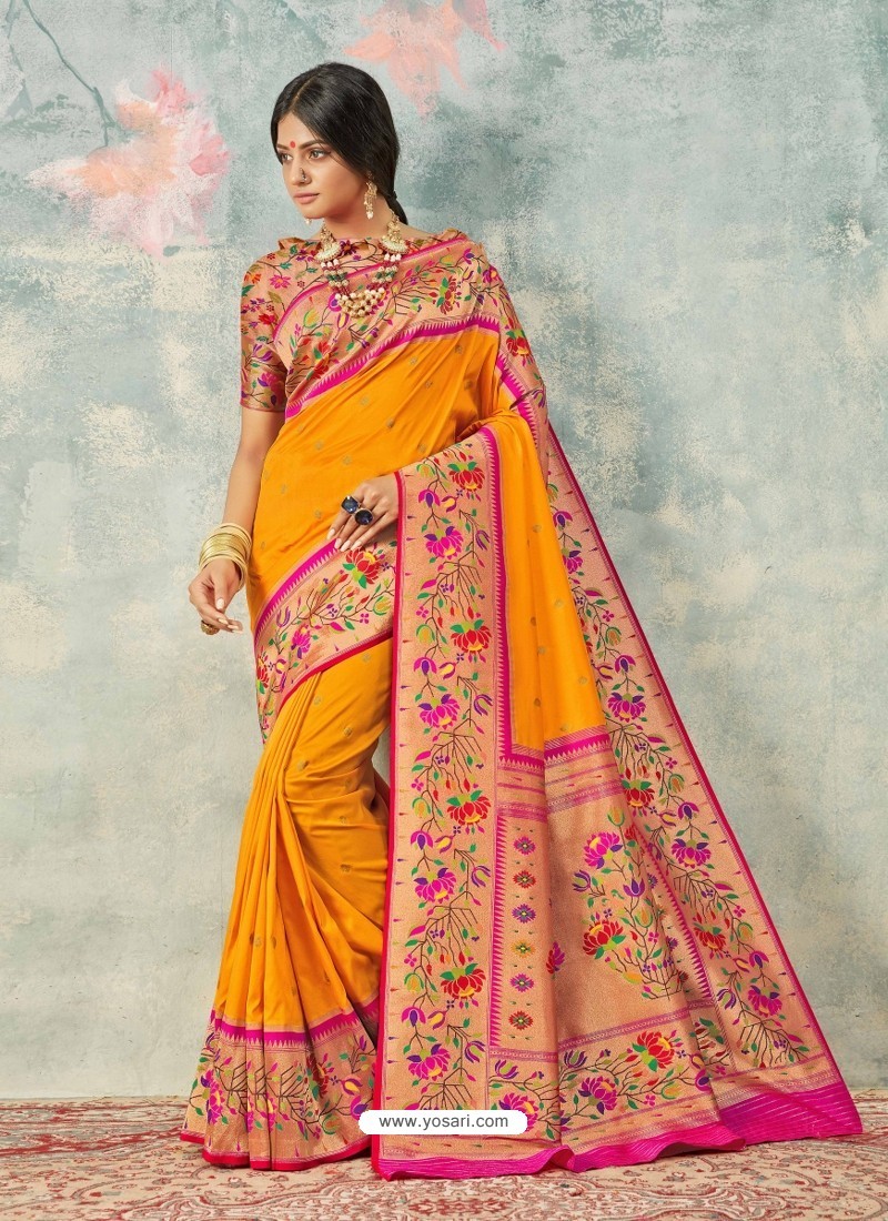 Orange Designer Party Wear Pure Handloom Silk Wedding Sari