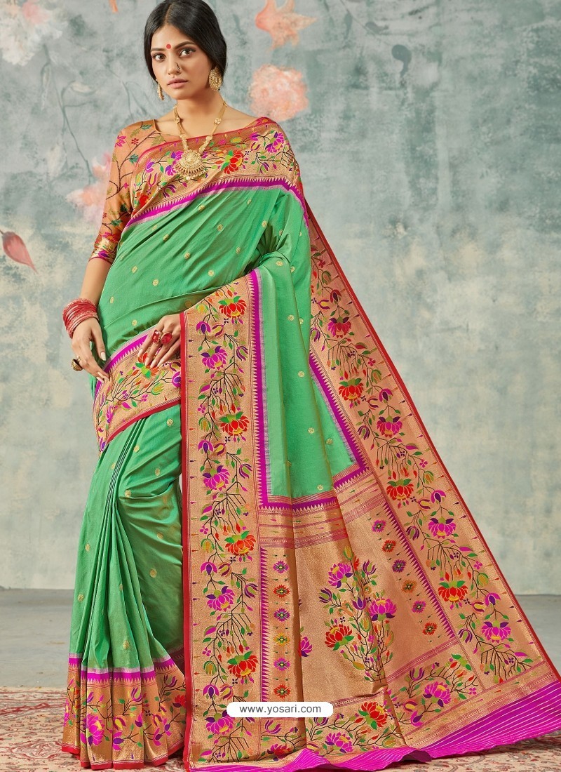 Jade Green Designer Party Wear Pure Handloom Silk Wedding Sari