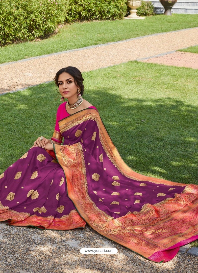 Purple Astonishing Party Wear Pure Banarasi Silk Wedding Sari