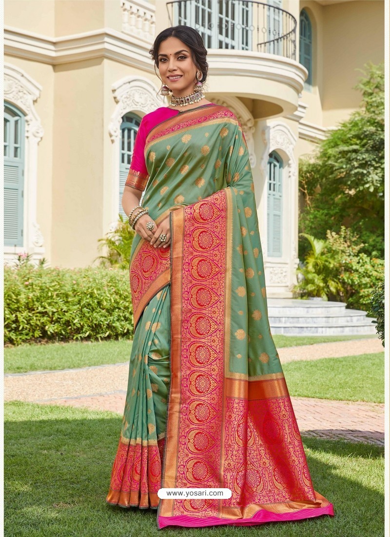 Sea Green Astonishing Party Wear Pure Banarasi Silk Wedding Sari