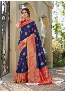 Dark Blue Astonishing Party Wear Pure Banarasi Silk Wedding Sari