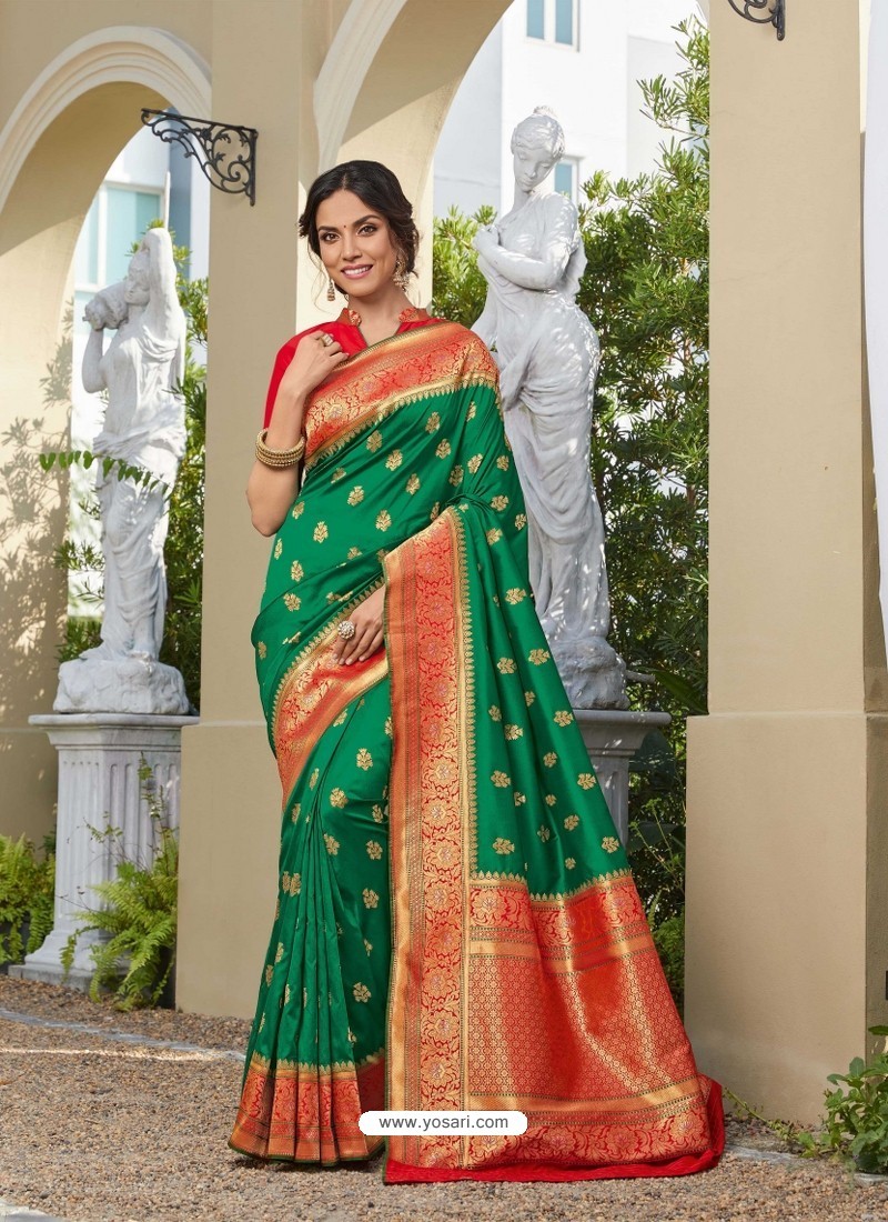 Forest Green Astonishing Party Wear Pure Banarasi Silk Wedding Sari