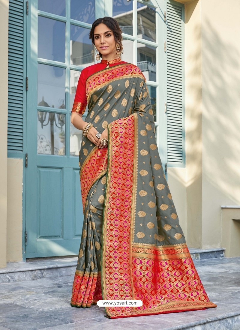 Grey Astonishing Party Wear Pure Banarasi Silk Wedding Sari