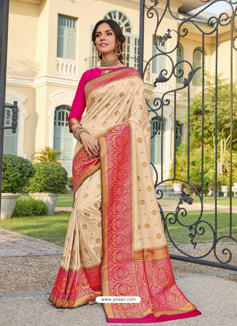 Cream Astonishing Party Wear Pure Banarasi Silk Wedding Sari