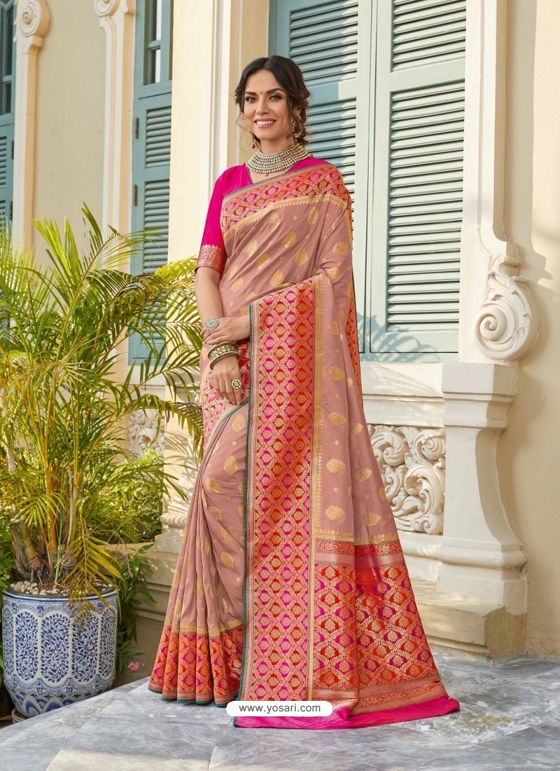 Peach Astonishing Party Wear Pure Banarasi Silk Wedding Sari