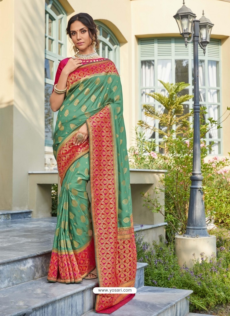 Sea Green Astonishing Party Wear Pure Banarasi Silk Wedding Sari