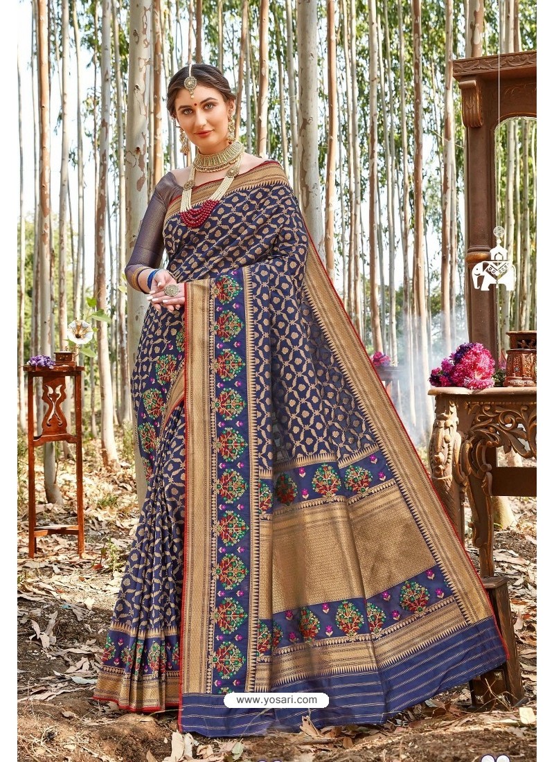Dark Blue Designer Classic Wear Upada Silk Wedding Sari