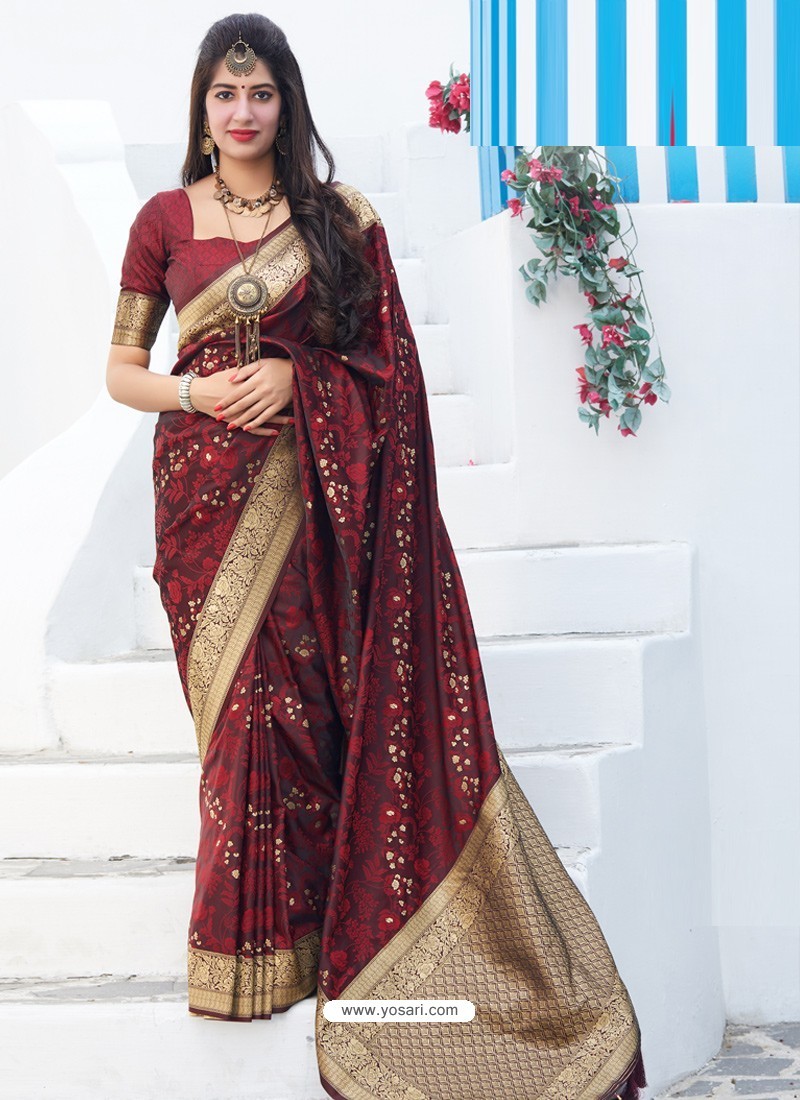 Maroon Latest Designer Party Wear Makunda Silk Wedding Sari