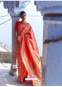 Orange Classic Wear Designer Pure Soft Silk Sari