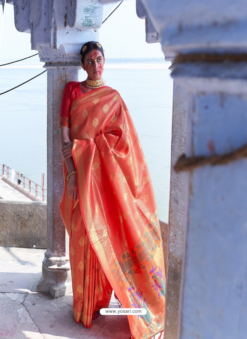 Orange Classic Wear Designer Pure Soft Silk Sari