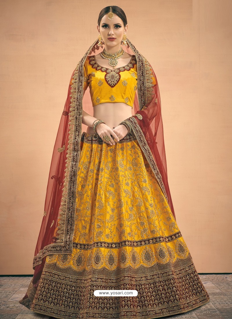 Yellow Heavy Embroidered Designer Satin Wedding Lehenga Choli