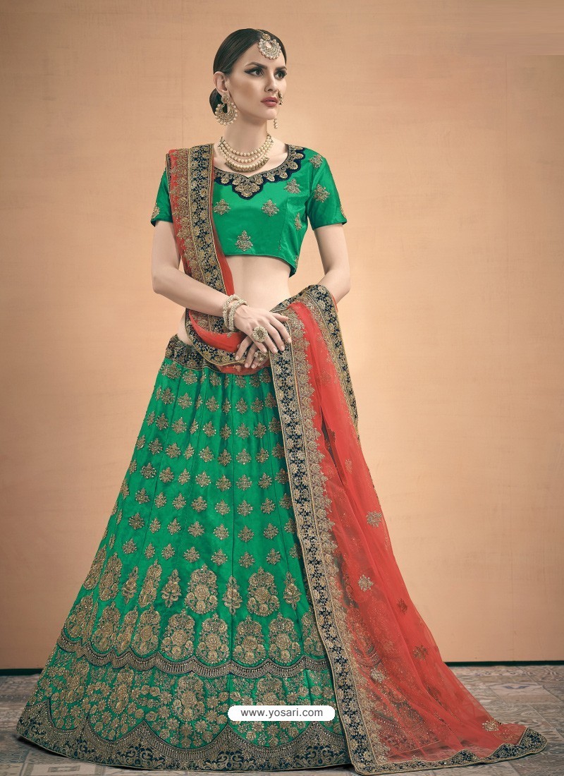 Forest Green Heavy Embroidered Designer Satin Wedding Lehenga Choli