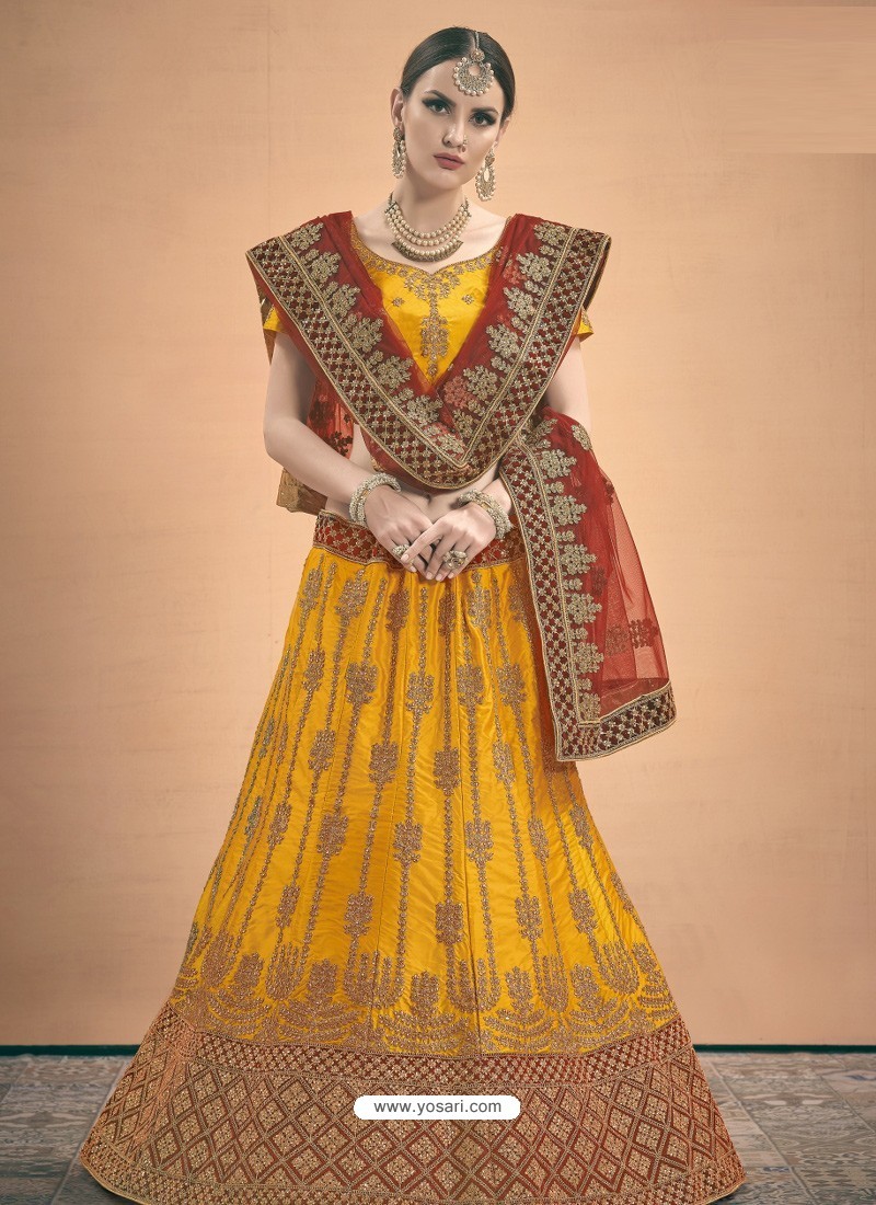 Mustard Heavy Embroidered Designer Satin Wedding Lehenga Choli