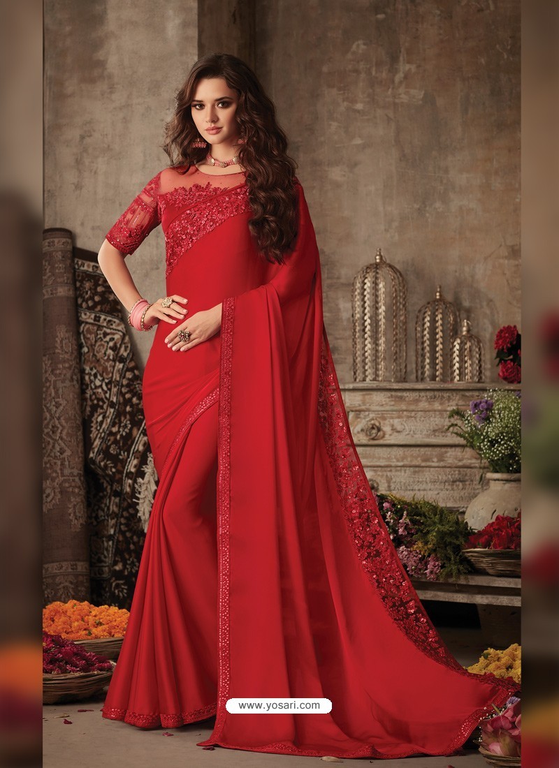 Red Stunning Party Wear Designer Miracle Silk Sari