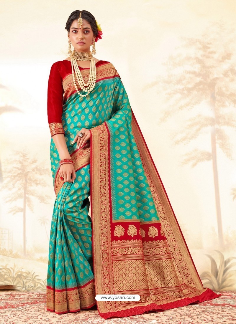 Aqua Mint Latest Designer Handloom Silk Wedding Sari