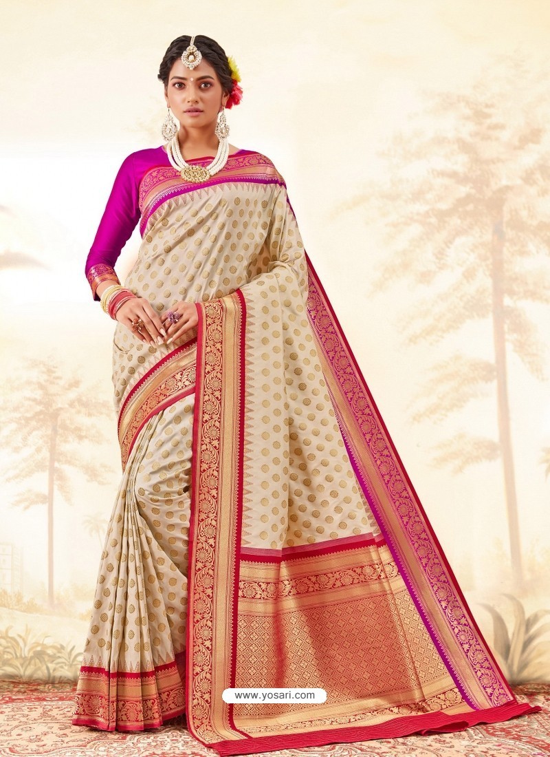 Light Beige Latest Designer Handloom Silk Wedding Sari