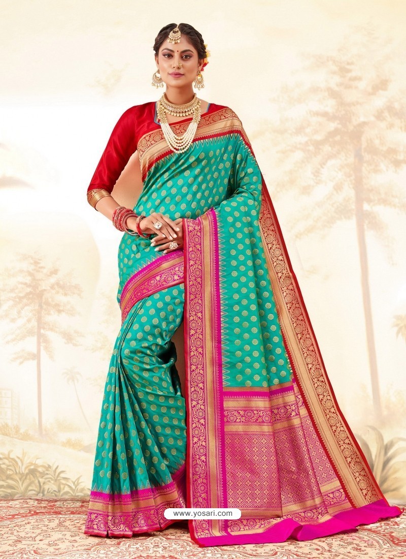 Turquoise Latest Designer Handloom Silk Wedding Sari