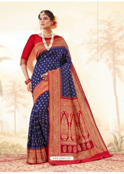 Dark Blue Latest Designer Handloom Silk Wedding Sari