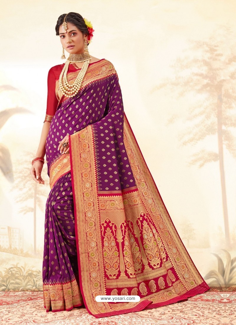Purple Latest Designer Handloom Silk Wedding Sari