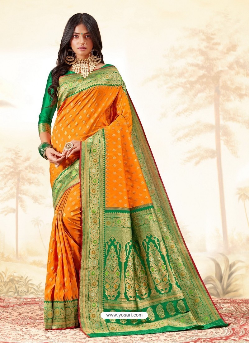 Orange Latest Designer Handloom Silk Wedding Sari