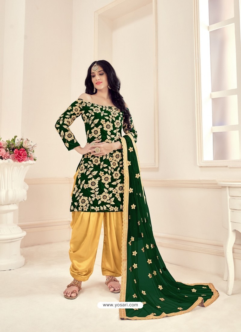 Dark Green Heavy Designer Wedding Wear Velvet Punjabi Patiala Suit