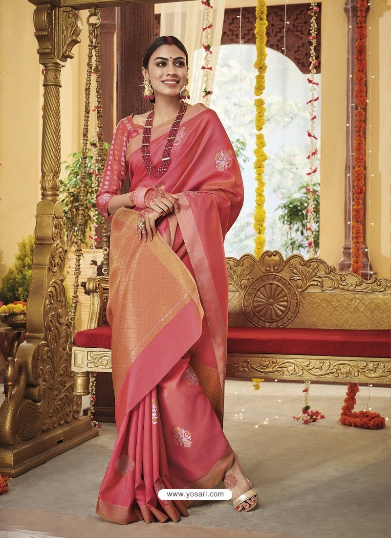 Light Red Latest Party Wear Designer Soft Silk Sari