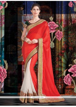 Extraordinary Red And White Silk Chiffon Saree