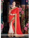 Extraordinary Red And White Silk Chiffon Saree