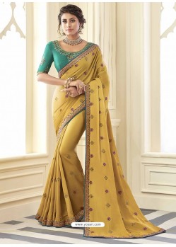 Mustard Beautiful Designer Embroidered Satin Silk Sari