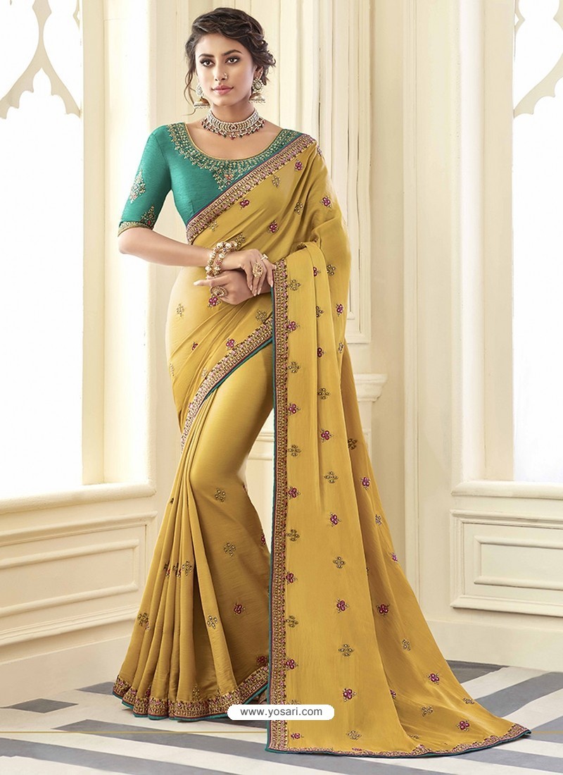 Mustard Beautiful Designer Embroidered Satin Silk Sari