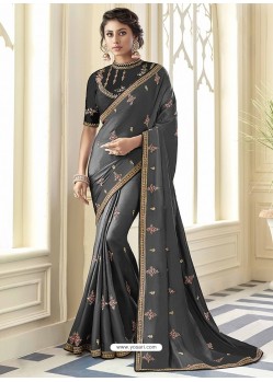 Grey Beautiful Designer Embroidered Satin Silk Sari