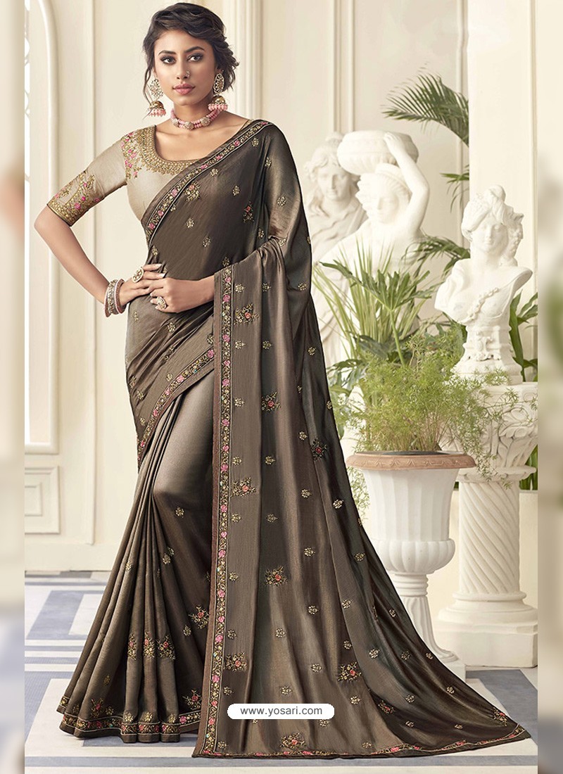 Coffee Beautiful Designer Embroidered Satin Silk Sari