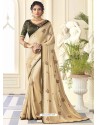 Cream Beautiful Designer Embroidered Satin Silk Sari