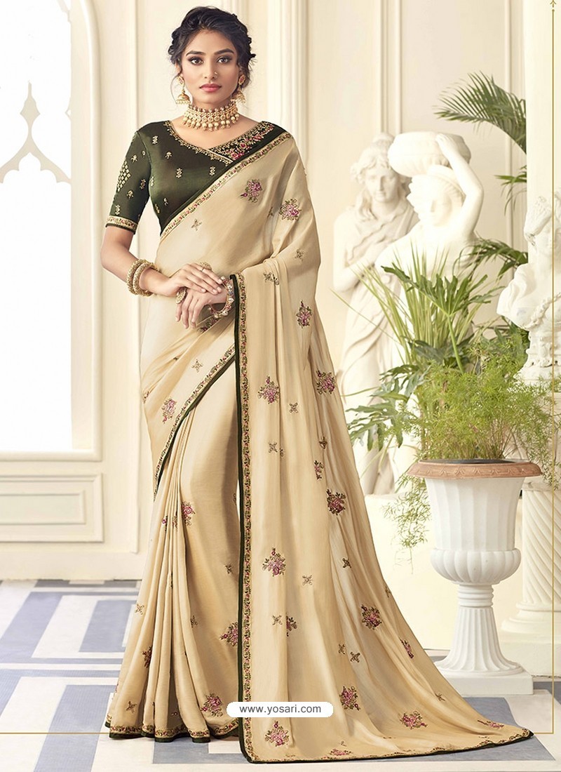 Cream Beautiful Designer Embroidered Satin Silk Sari