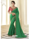 Forest Green Stunning Designer Embroidered Satin Silk Sari