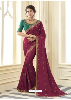 Rose Red Stunning Designer Embroidered Satin Silk Sari
