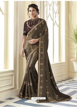 Coffee Stunning Designer Embroidered Satin Silk Sari