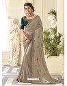 Light Grey Stunning Designer Embroidered Satin Silk Sari