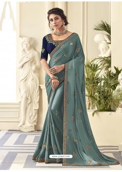 Aqua Grey Stunning Designer Embroidered Satin Silk Sari