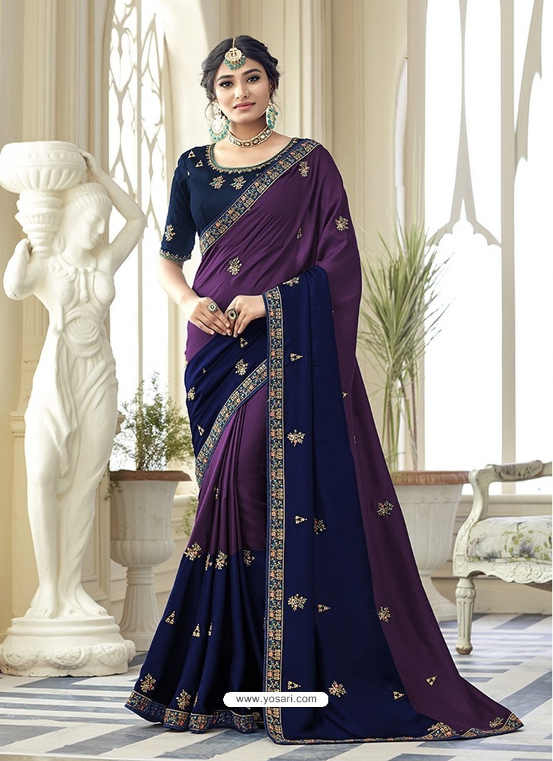 Purple Stunning Designer Embroidered Satin Silk Sari