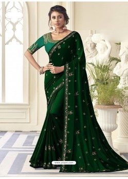 Dark Green Stunning Designer Embroidered Satin Silk Sari