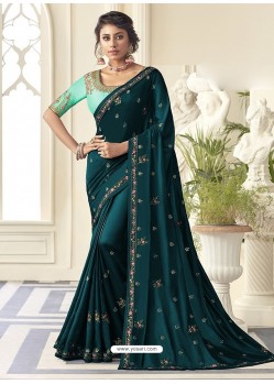 Peacock Blue Stunning Designer Embroidered Satin Silk Sari