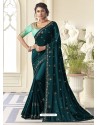 Peacock Blue Stunning Designer Embroidered Satin Silk Sari
