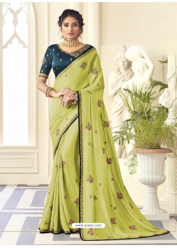 Lemon Stunning Designer Embroidered Satin Silk Sari