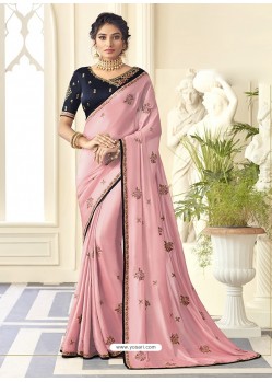 Pink Stunning Designer Embroidered Satin Silk Sari