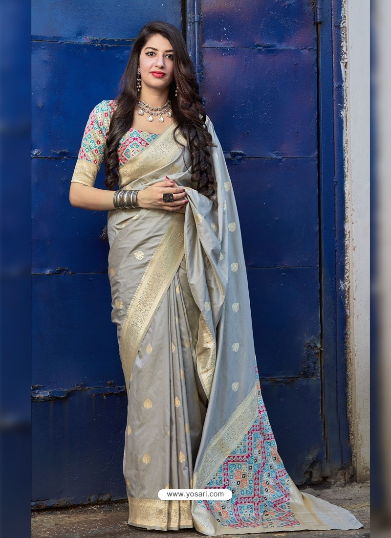 Silver Stylish Designer Party Wear Silk Sari